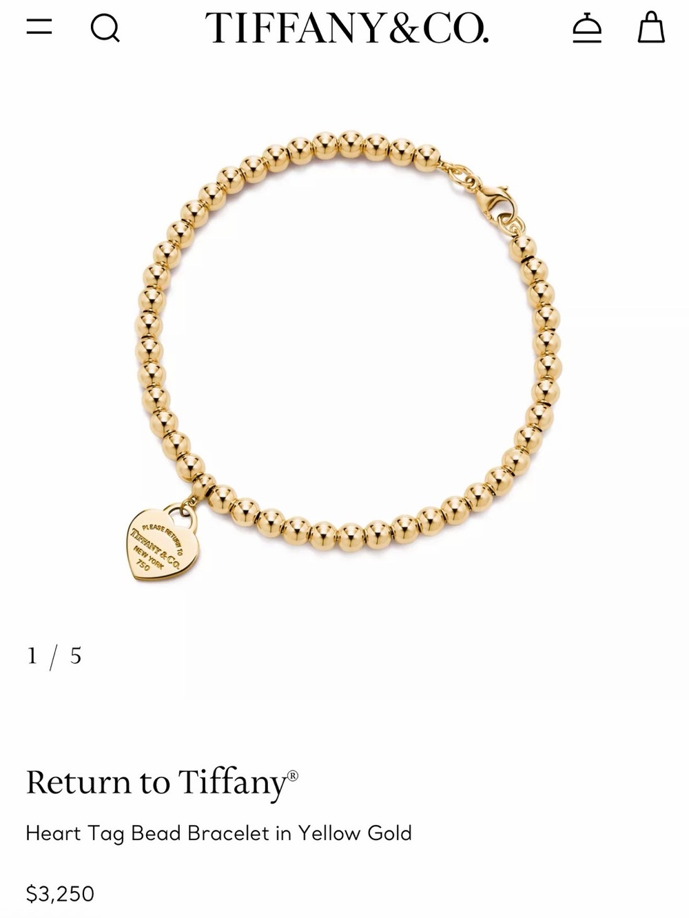 Tiffany & Co. Polished Gold Bead Bracelet with Heart Tag 7 inch